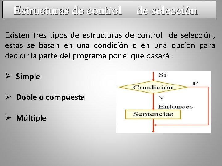 Estructuras de control de selección Existen tres tipos de estructuras de control de selección,