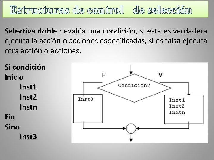 Estructuras de control de selección Selectiva doble : evalúa una condición, si esta es