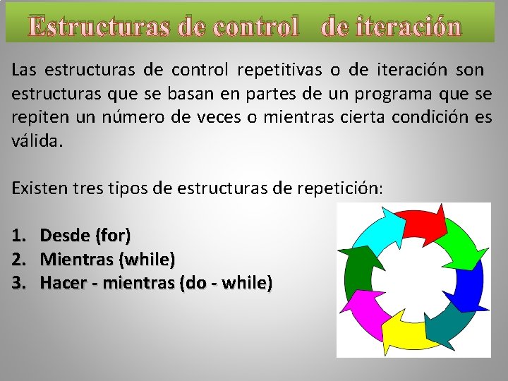 Estructuras de control de iteración Las estructuras de control repetitivas o de iteración son