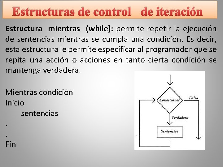 Estructuras de control de iteración Estructura mientras (while): permite repetir la ejecución de sentencias