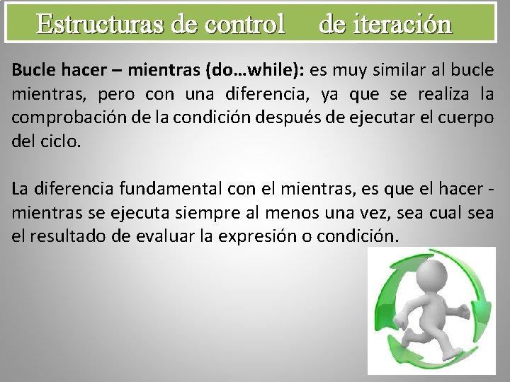 Estructuras de control de iteración Bucle hacer – mientras (do…while): es muy similar al