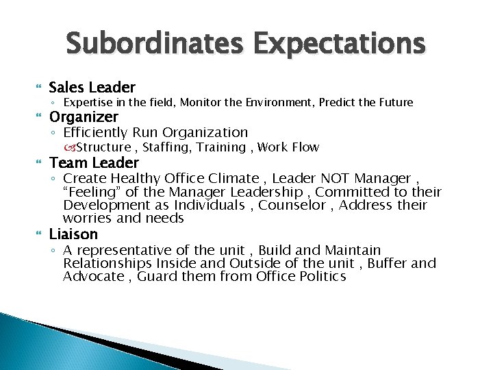 Subordinates Expectations Sales Leader ◦ Expertise in the field, Monitor the Environment, Predict the