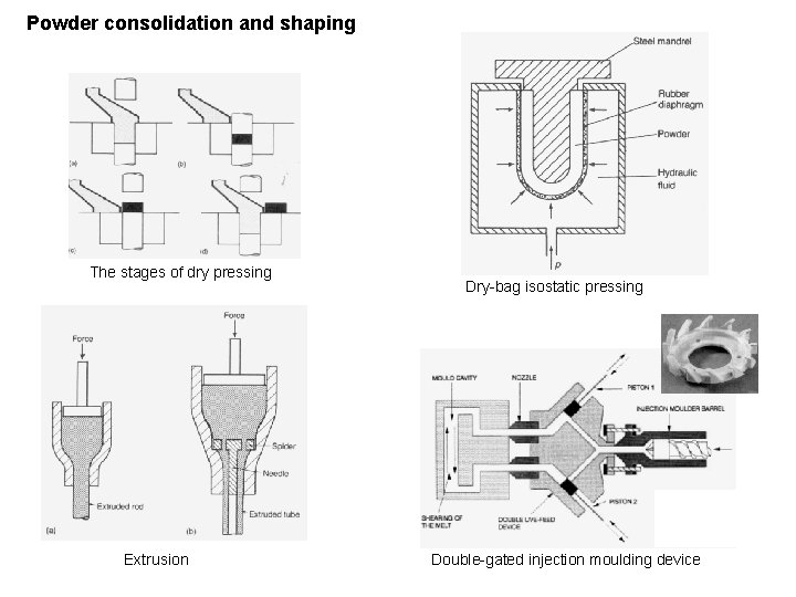 Powder consolidation and shaping The stages of dry pressing Extrusion Dry-bag isostatic pressing Double-gated
