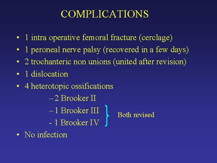 COMPLICATIONS • • • 1 intra operative femoral fracture (cerclage) 1 peroneal nerve palsy COMPLICATIONS • • • 1 intra operative femoral fracture (cerclage) 1 peroneal nerve palsy