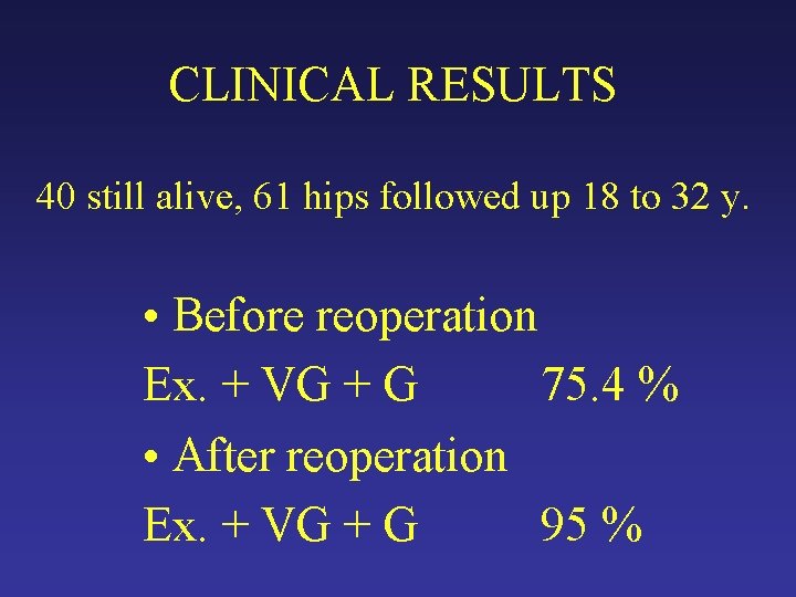 CLINICAL RESULTS 40 still alive, 61 hips followed up 18 to 32 y. • CLINICAL RESULTS 40 still alive, 61 hips followed up 18 to 32 y. •