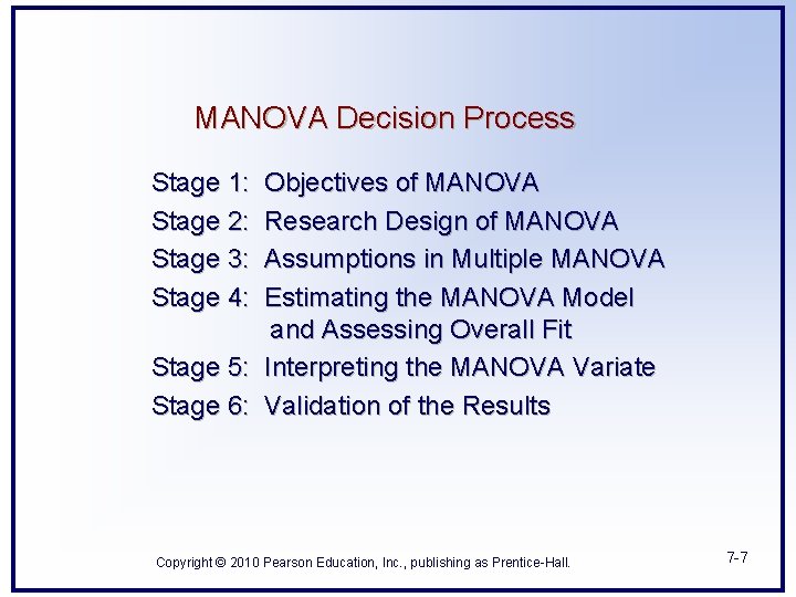 MANOVA Decision Process Stage 1: Stage 2: Stage 3: Stage 4: Objectives of MANOVA