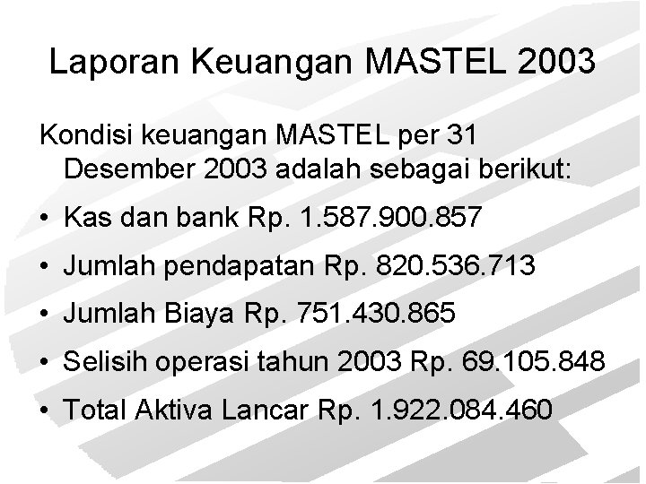 Laporan Keuangan MASTEL 2003 Kondisi keuangan MASTEL per 31 Desember 2003 adalah sebagai berikut: