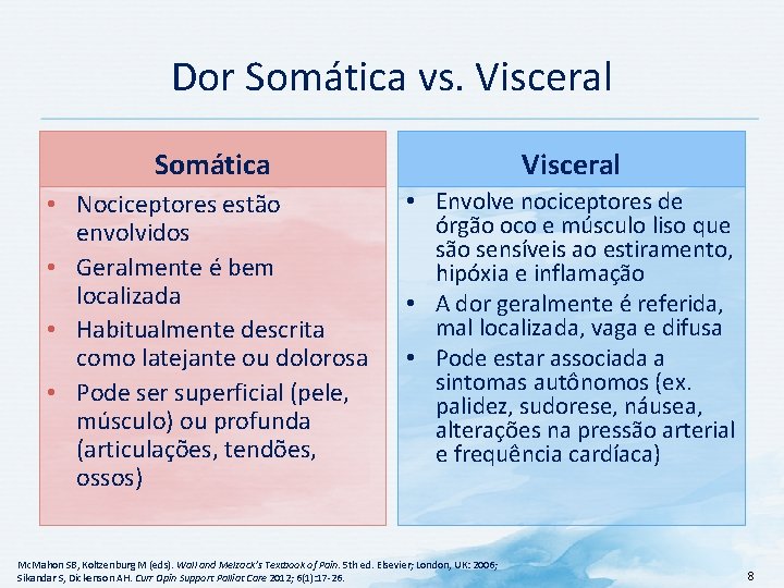 Dor Somática vs. Visceral Somática Visceral • Nociceptores estão envolvidos • Geralmente é bem