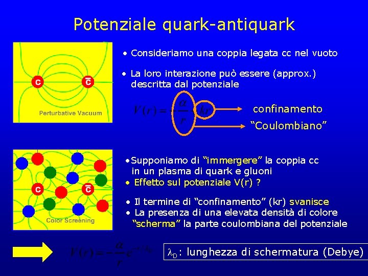 Potenziale quark-antiquark • Consideriamo una coppia legata cc nel vuoto • La loro interazione