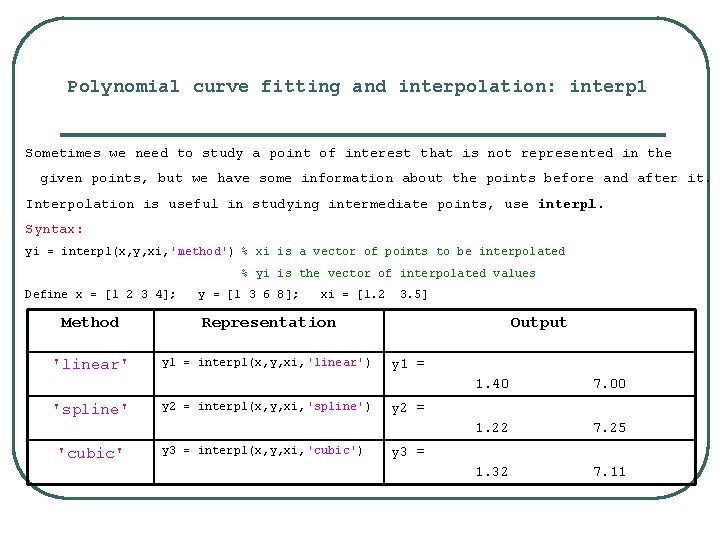 Polynomial curve fitting and interpolation: interp 1 Sometimes we need to study a point Polynomial curve fitting and interpolation: interp 1 Sometimes we need to study a point