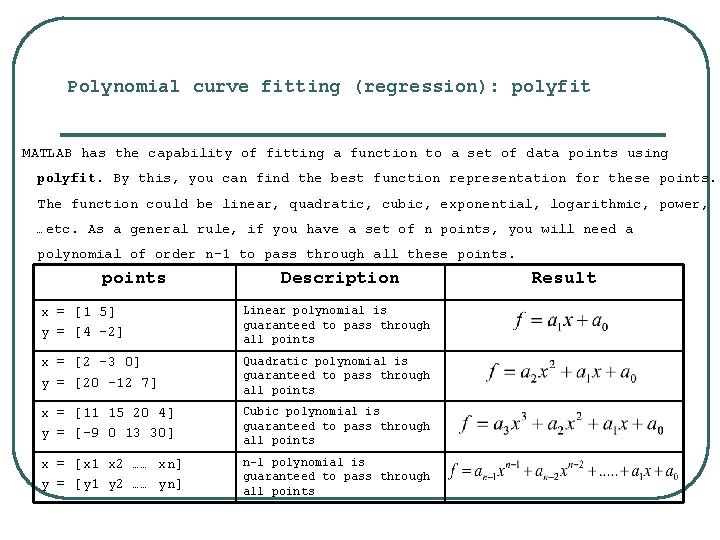 Polynomial curve fitting (regression): polyfit MATLAB has the capability of fitting a function to Polynomial curve fitting (regression): polyfit MATLAB has the capability of fitting a function to