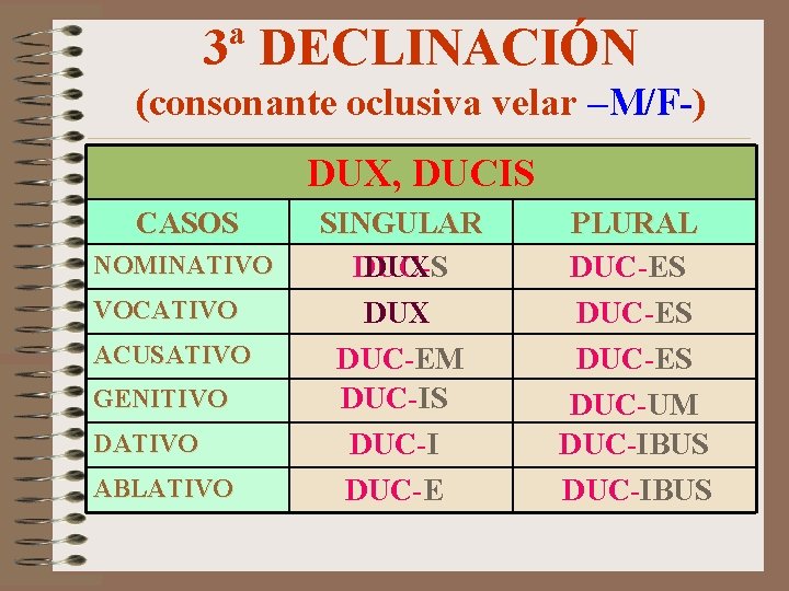 3ª DECLINACIÓN (consonante oclusiva velar –M/F-) DUX, DUCIS CASOS NOMINATIVO VOCATIVO ACUSATIVO GENITIVO DATIVO