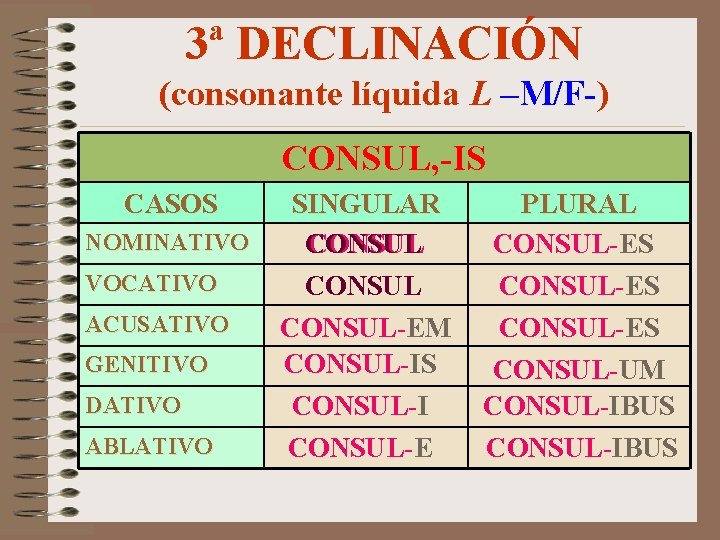 3ª DECLINACIÓN (consonante líquida L –M/F-) CONSUL, -IS CASOS NOMINATIVO VOCATIVO ACUSATIVO GENITIVO DATIVO
