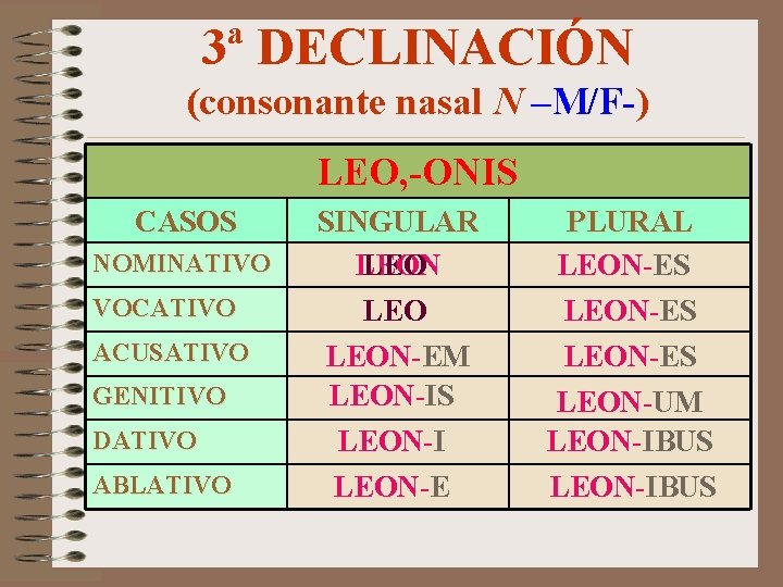 3ª DECLINACIÓN (consonante nasal N –M/F-) LEO, -ONIS CASOS NOMINATIVO VOCATIVO ACUSATIVO GENITIVO DATIVO