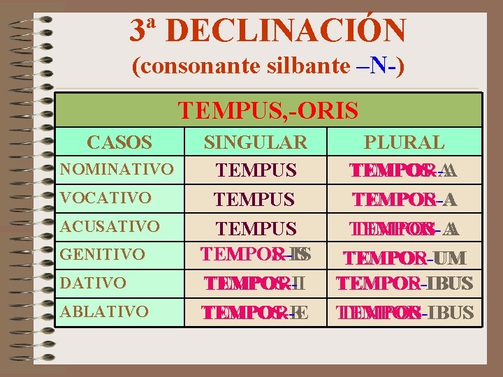 3ª DECLINACIÓN (consonante silbante –N-) TEMPUS, -ORIS CASOS NOMINATIVO VOCATIVO ACUSATIVO GENITIVO DATIVO ABLATIVO