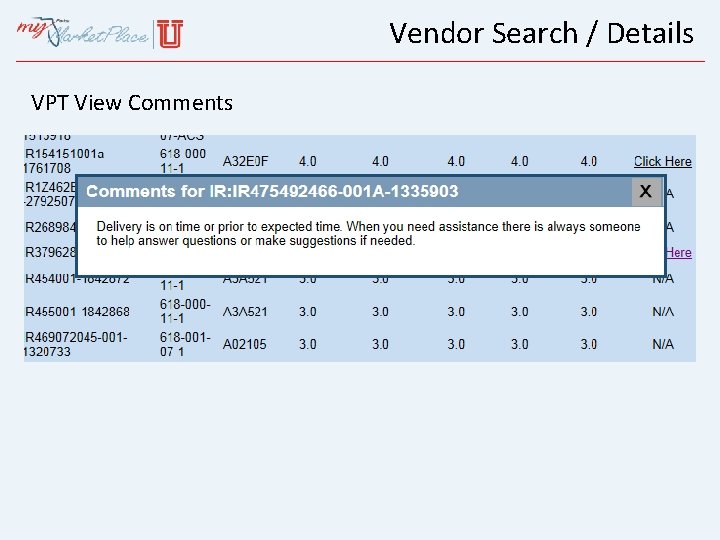 Vendor Search / Details VPT View Comments 