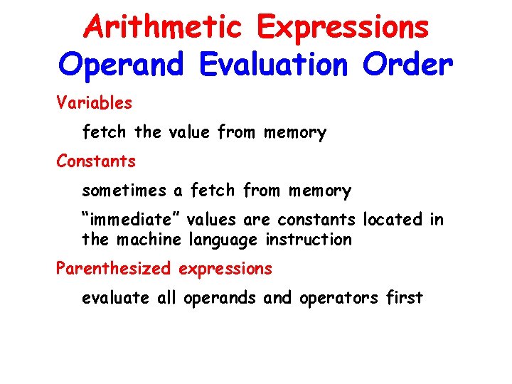 Arithmetic Expressions Operand Evaluation Order Variables fetch the value from memory Constants sometimes a