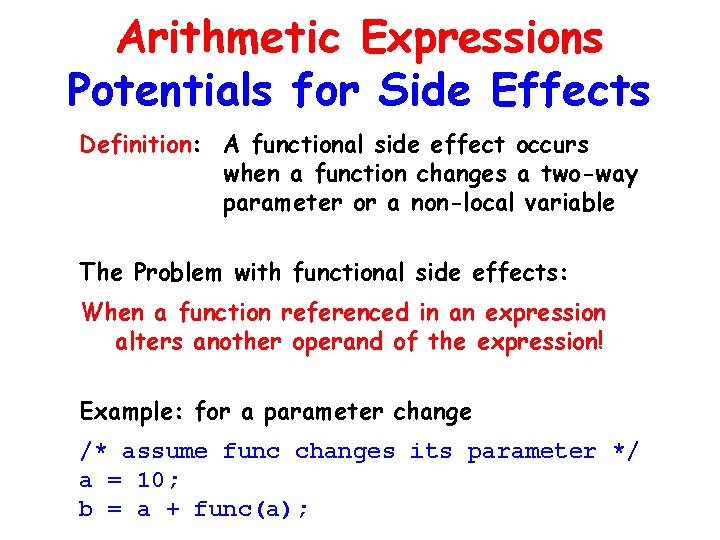 Arithmetic Expressions Potentials for Side Effects Definition: A functional side effect occurs when a