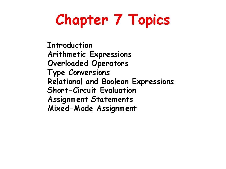 Chapter 7 Topics Introduction Arithmetic Expressions Overloaded Operators Type Conversions Relational and Boolean Expressions