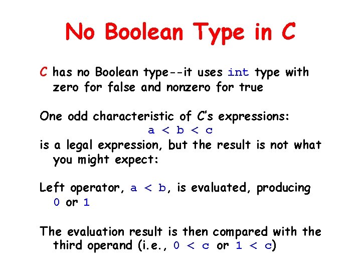 No Boolean Type in C C has no Boolean type--it uses int type with