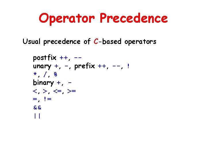 Operator Precedence Usual precedence of C-based operators postfix ++, -unary +, -, prefix ++,