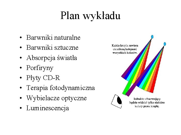 Plan wykładu • • Barwniki naturalne Barwniki sztuczne Absorpcja światła Porfiryny Płyty CD-R Terapia Plan wykładu • • Barwniki naturalne Barwniki sztuczne Absorpcja światła Porfiryny Płyty CD-R Terapia