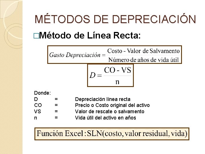 MÉTODOS DE DEPRECIACIÓN �Método de Línea Recta: Donde: D CO VS n Depreciación línea