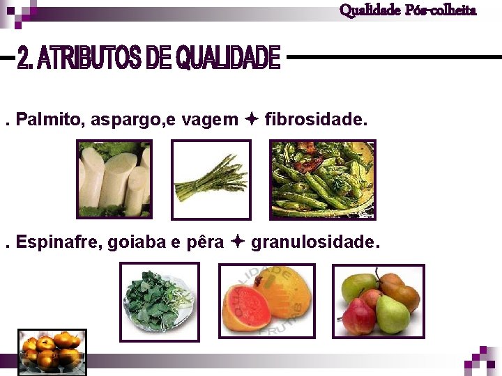 Qualidade Pós-colheita . Palmito, aspargo, e vagem fibrosidade. . Espinafre, goiaba e pêra granulosidade.