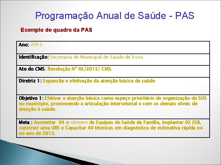 Programação Anual de Saúde - PAS Exemplo de quadro da PAS Ano: 2013 Identificação: