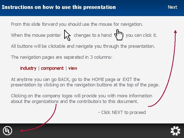 Instructions on how to use this presentation Next From this slide forward you should
