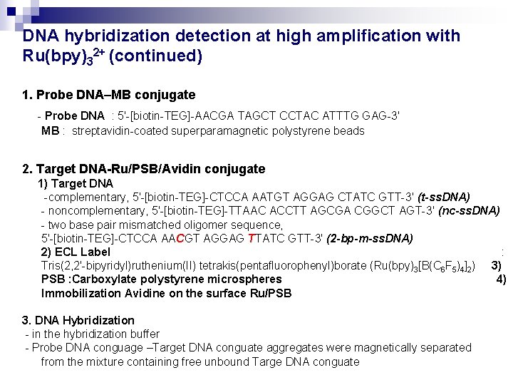 DNA hybridization detection at high amplification with Ru(bpy)32+ (continued) 1. Probe DNA–MB conjugate -