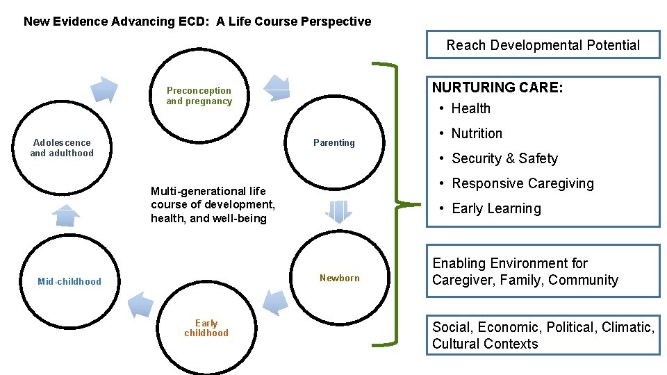 New Evidence Advancing ECD: A Life Course Perspective Reach Developmental Potential NURTURING CARE: •