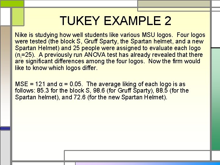 TUKEY EXAMPLE 2 Nike is studying how well students like various MSU logos. Four