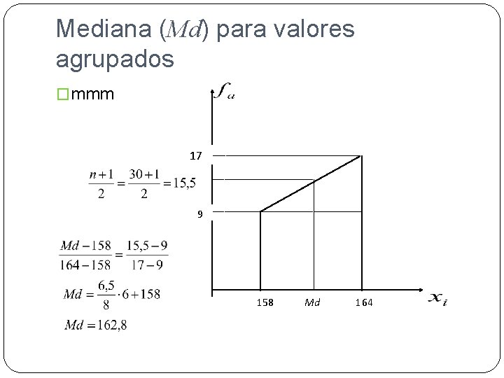 Mediana (Md) para valores agrupados �mmm 17 9 158 Md 164 