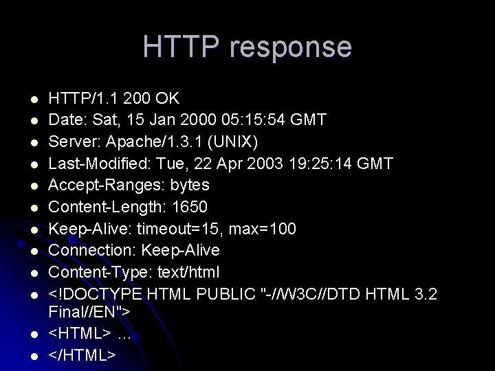 HTTP response l l l HTTP/1. 1 200 OK Date: Sat, 15 Jan 2000