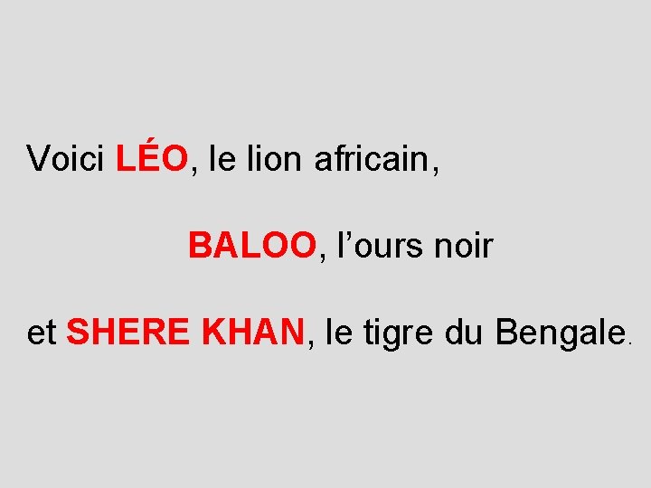 Voici LÉO, le lion africain, BALOO, l’ours noir et SHERE KHAN, le tigre du