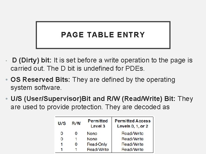 PAGE TABLE ENTRY • D (Dirty) bit: It is set before a write operation