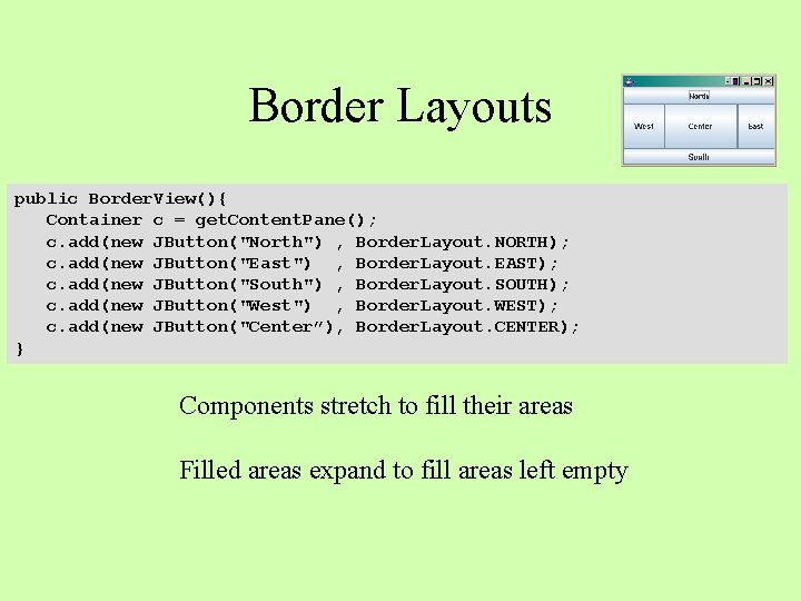 Border Layouts public Border. View(){ Container c = get. Content. Pane(); c. add(new JButton("North")