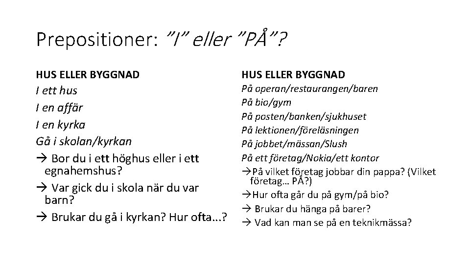 Prepositioner: ”I” eller ”PÅ”? HUS ELLER BYGGNAD I ett hus I en affär I