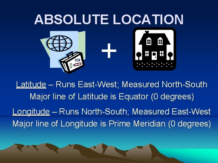 ABSOLUTE LOCATION + Latitude – Runs East-West; Measured North-South Major line of Latitude is