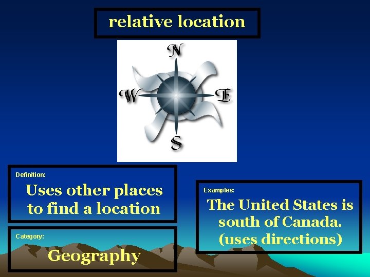 relative location Definition: Uses other places to find a location Category: Geography Examples: The