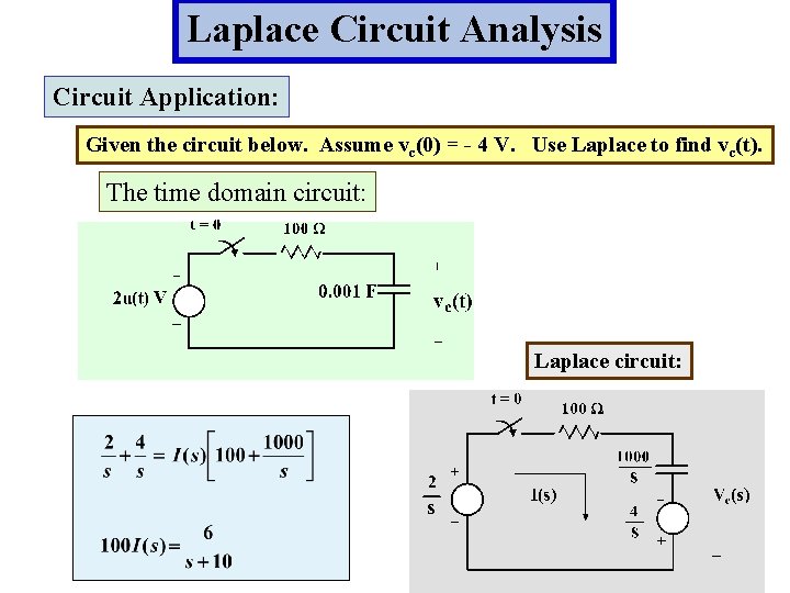 Laplace Circuit Analysis Circuit Application: Given the circuit below. Assume vc(0) = - 4