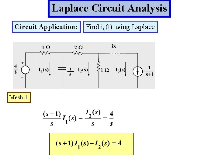 Laplace Circuit Analysis Circuit Application: Mesh 1 Find i 0(t) using Laplace 