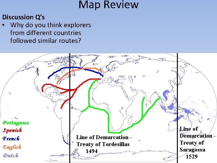 Map Review Discussion Q’s • Why do you think explorers from different countries followed Map Review Discussion Q’s • Why do you think explorers from different countries followed