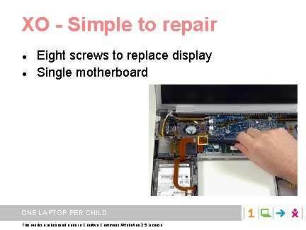 XO - Simple to repair Eight screws to replace display Single motherboard ONE LAPTOP