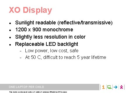 XO Display Sunlight readable (reflective/transmissive) 1200 x 900 monochrome Slightly less resolution in color