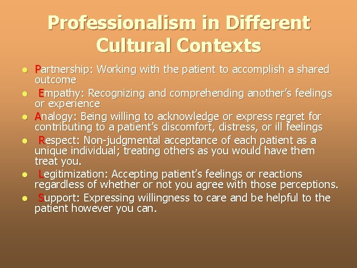 Professionalism in Different Cultural Contexts l l l Partnership: Working with the patient to