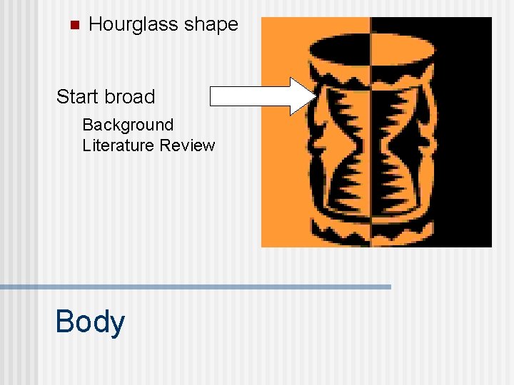 n Hourglass shape Start broad Background Literature Review Body n Hourglass shape Start broad Background Literature Review Body