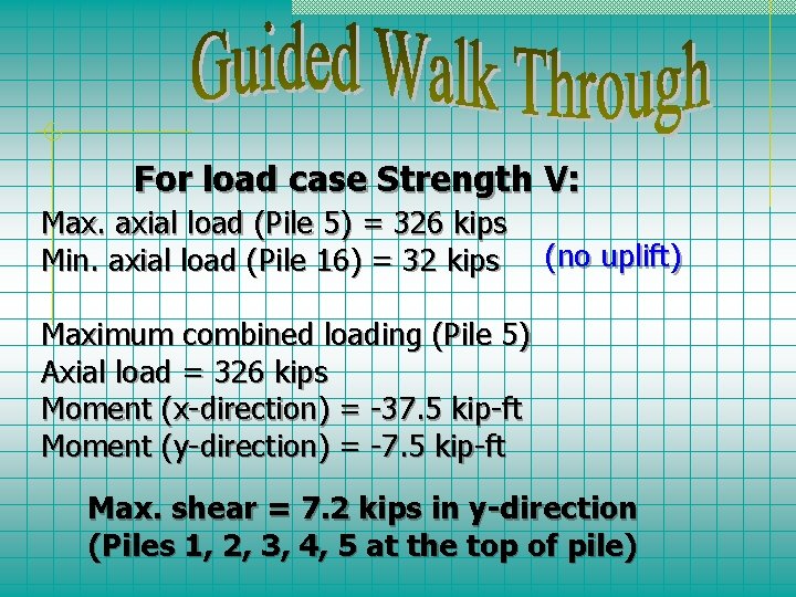 For load case Strength V: Max. axial load (Pile 5) = 326 kips Min.
