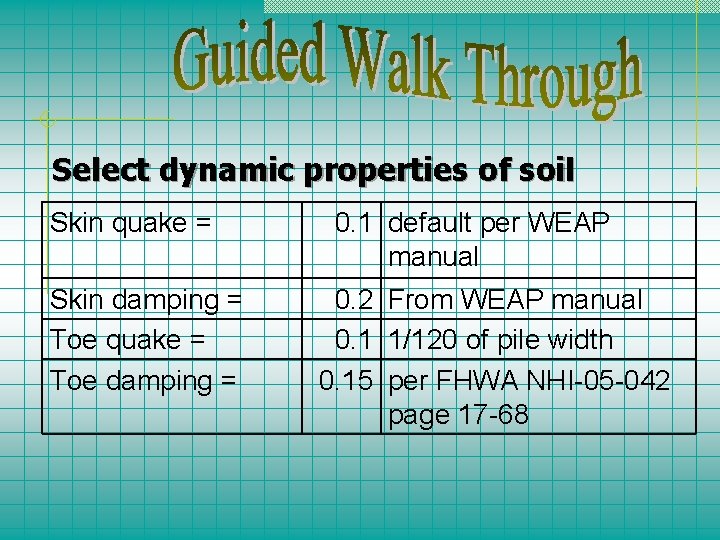 Select dynamic properties of soil Skin quake = Skin damping = Toe quake =